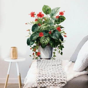 Realistic 3D green plant wall sticker with red flowers and a minimalist grey pot