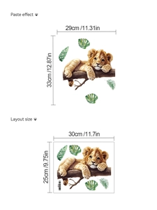 Detail showing dimensions of lion and tropical leaf wall sticker for nursery decoration