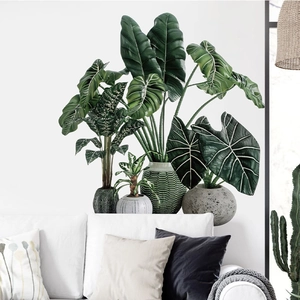 Tropical green potted plant wall stickers for living room decor with realistic leaf details