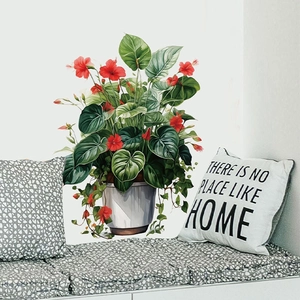 Green potted plant wall stickers with red flowers for minimalist home wall decoration