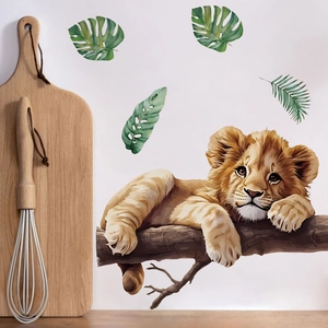 Cartoon baby lion on tree trunk with green leaves self-adhesive wall sticker for kids room