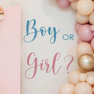 Sticker mural Gender Reveal avec lettrage Boy or Girl sur fond de ballons de fête