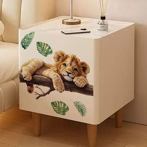 Modern white bedside table with cartoon lion on branch print and solid wood legs