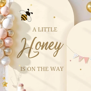 Honey baby shower arch backdrop with cartoon bee and pink gold balloons decoration