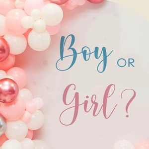 Décoration de fête Gender Reveal avec arche de ballons rose et blanc et fond Boy OR Girl