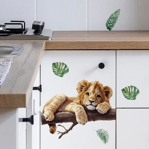 Cartoon little lion and monstera leaves wall sticker for nursery cabinet decoration