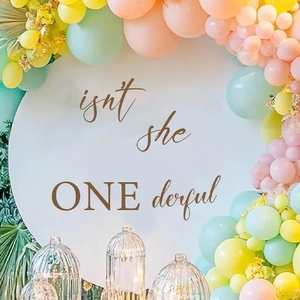 Birthday party wall stickers with pastel balloons and isn't she ONE derful backdrop