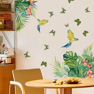 Adesivi murali tropicali con ara colorati, foglie di palma e fiori per decorare casa