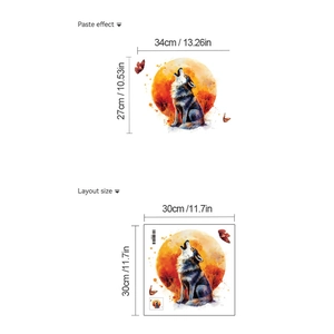 Detailed dimensions showing howling wolf wall decal paste effect size 34x27cm