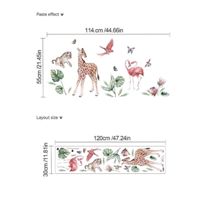 Watercolor jungle animal wall decal showing layout size and adhesive paste effect view
