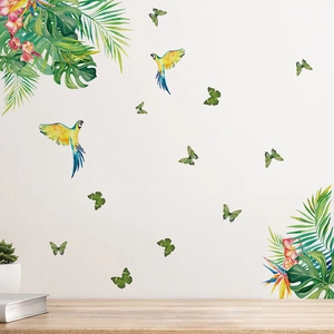 Adesivi murali tropicali con pappagalli e foglie di palma per la decorazione di casa