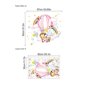 Cartoon animals wall sticker layout and finished size showing hot air balloon and rainbow