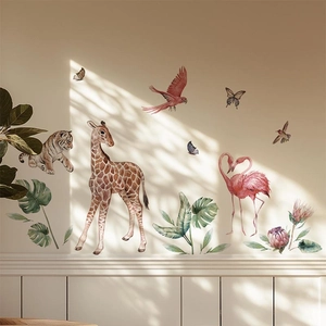 Watercolor Animal Wall Sticker Giraffe Tiger Flamingo Tropical Leaf PVC Waterproof Decal Kids Room Nursery Home Decor