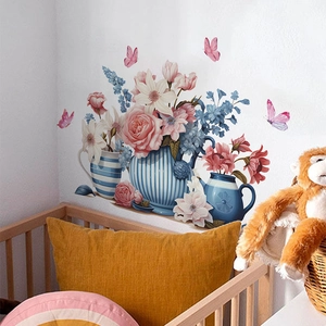 Floral Vase Wall Sticker Pink Rose Blue Flower Butterfly Removable PVC Self-Adhesive Wall Decal For Bedroom Living Room Home Decor