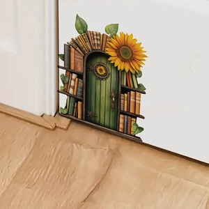 Creative 3D Green Fairy Door Wall Sticker Sunflower Bookshelf Printed PVC Self-Adhesive Waterproof Decals For Living Room Kitchen Home Decor