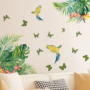 Adesivi murali foresta tropicale con ara e foglie di palma per decoro soggiorno