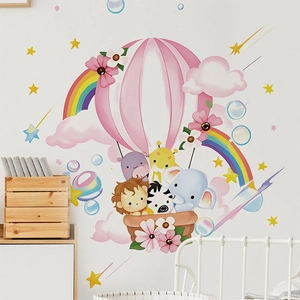 Cartoon Animal Hot Air Balloon Rainbow Wall Stickers For Kids Room Nursery Bedroom PVC Waterproof Decorative Wall Decals