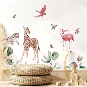 Nursery animal wall decals with watercolor giraffe tiger and tropical leaf decor
