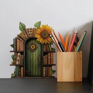 Creative miniature green fairy door with sunflower and books for home decor