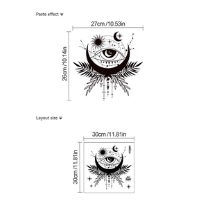 Macro layout showing dimensions and paste effect of black mystic celestial wall sticker
