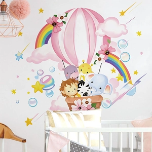 Cartoon animal hot air balloon wall stickers with rainbow and stars for kids room decor