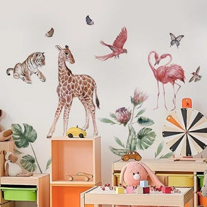Waterweight safari animal wall stickers featuring giraffe and tiger for nursery decor