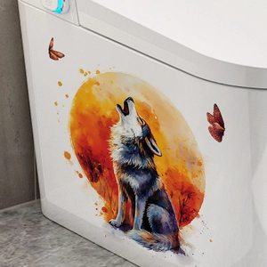 Watercolor wolf howling at sunset wall sticker on white toilet tank with orange butterflies