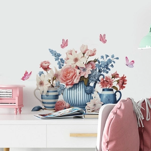 Watercolor blue vase with pink roses and butterflies self-adhesive PVC wall sticker decor