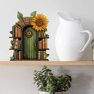 Creative fairy tale green door wall decal with sunflower and bookshelf for home decor