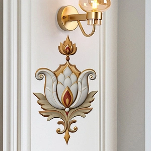 Elegant 3D floral wall sticker with gold accents and red detail on white paneling