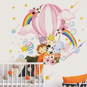Cartoon animal hot air balloon wall decal with elephant and giraffe for nursery decoration