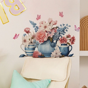 Blue striped vases with pink flowers wall stickers and butterflies home decor