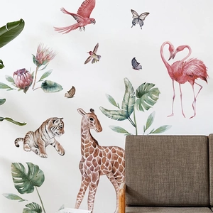 Watercolor animal wall stickers featuring giraffe and tiger for home living room decor
