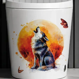 Wolf and butterfly watercolor art decal on a white cylindrical sticker for home decor