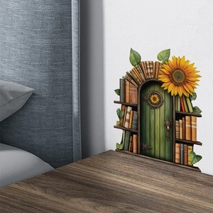 Green miniature fairy door wall sticker with sunflower and bookshelf for home decor