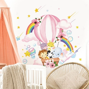 Animal hot air balloon and rainbow wall stickers for a dreamy pink nursery room decor