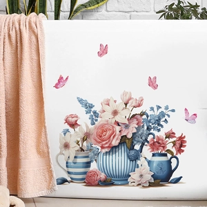 Self-adhesive PVC wall stickers featuring blue flower vases and pink butterfly motifs