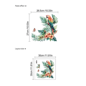 Detailed dimension layout showing tropical parrot wall sticker paste and sheet size