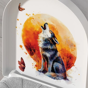 Self-adhesive PVC wall sticker featuring watercolor wolf howling at a red sunset moon