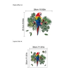Tropical parrot and palm leaf wall sticker layout with precise product measurements