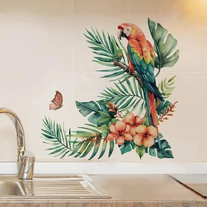 Tropical Parrot Hibiscus Flower Bathroom Toilet Wall Sticker Waterproof PVC Self-Adhesive Decorative Home Decal For Living Room Kitchen