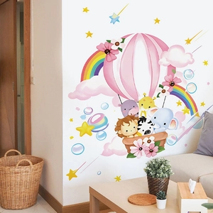 Nursery wall sticker with cartoon animals, hot air balloons and rainbow for kids room