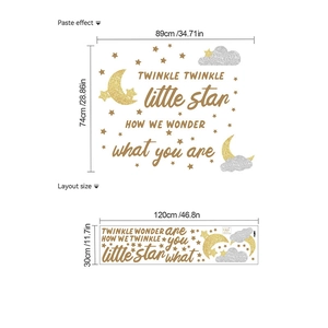 Detail showing self-adhesive star and moon wall decal dimensions for baby shower nursery decor