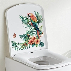 Tropical parrot and floral wall sticker for bathroom decor on white toilet cover
