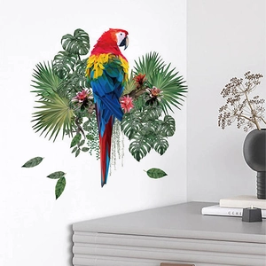 Tropical parrot and green leaves wall sticker in geometric poly-art style for home decor