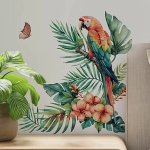 Tropical rainforest wall sticker featuring colorful macaw parrot, hibiscus, and palm leaves
