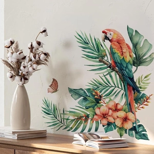 Tropical rainforest wall sticker with scarlet macaw, palm leaves and hibiscus flowers
