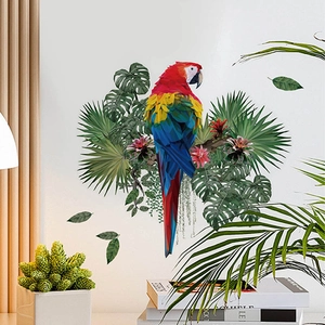 Low poly geometric parrot and tropical leaf wall sticker for home interior decor
