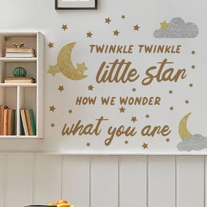 Golden glitter moon and star wall decals with Twinkle Twinkle Little Star song lyrics