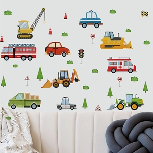 Stickers muraux dessin animé véhicules de chantier et secours pour chambre enfant